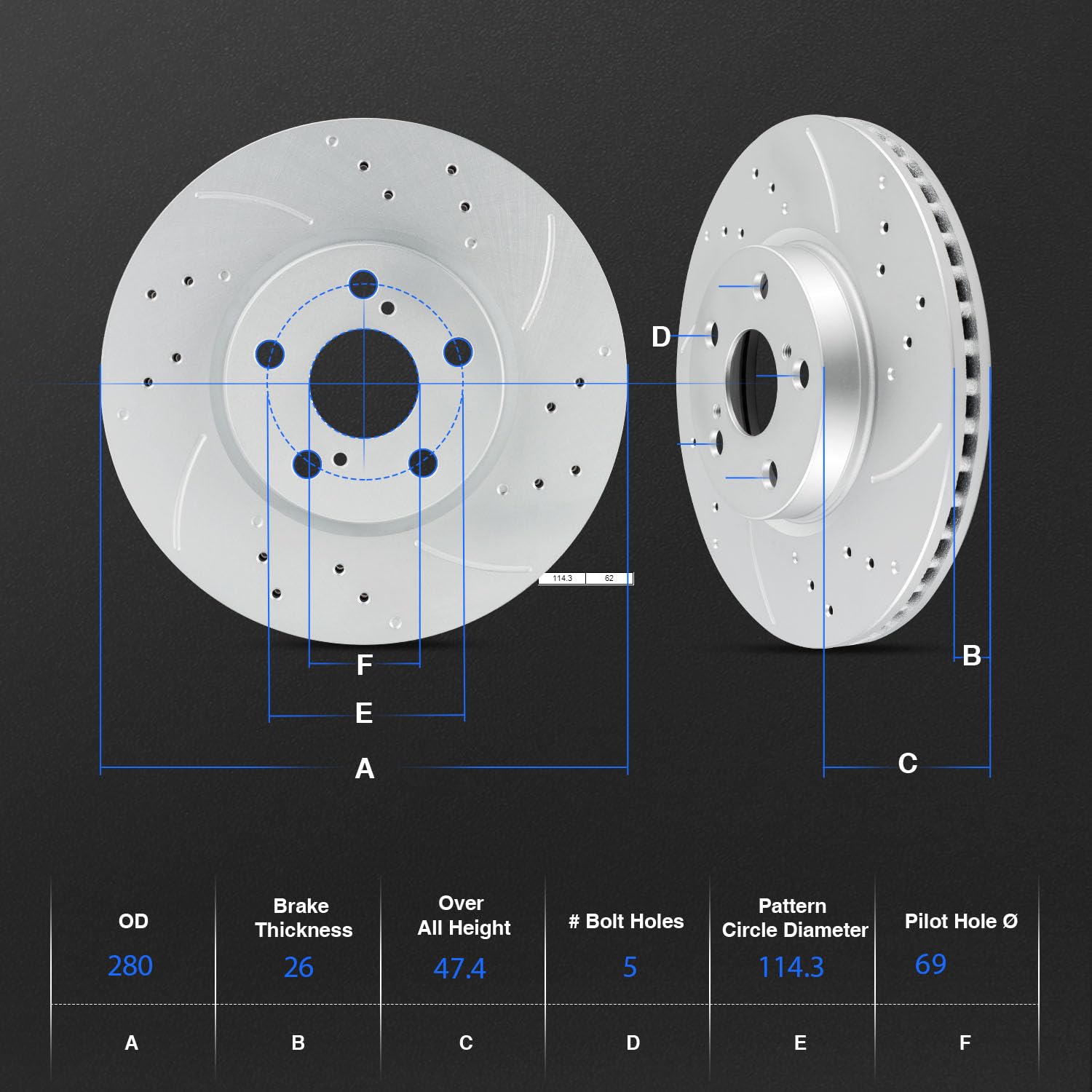 funire Front Vented G-coated Brake Rotors Kit for Rondo 2010, Drilled Slotted Brake Rotors Kit 280mm(11in)